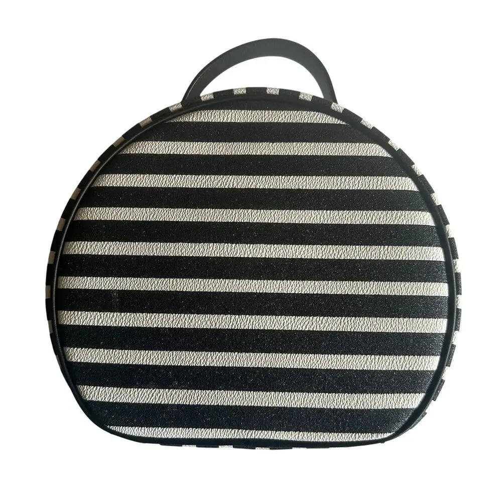 Kate Spade Miri Glitter Makeup Bag Black White Striped Round Cosmetic Case